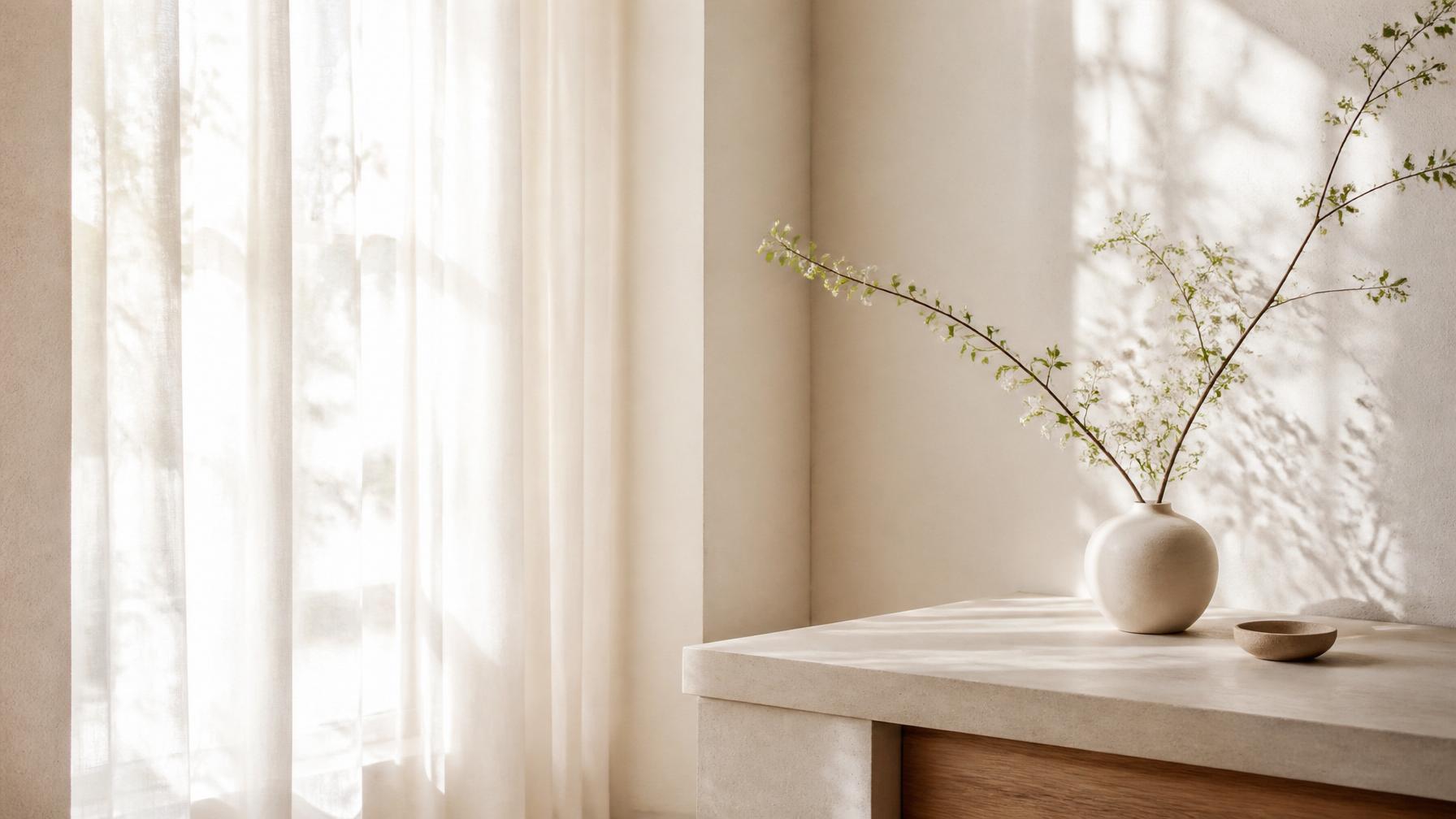 A sunlit room with sheer linen curtains and warm ivory tones